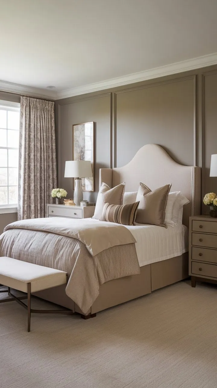 This transitional bedroom harmoniously blends serene sophistication with modern comfort, creating a luxurious sanctuary in calming beige and gray tones.