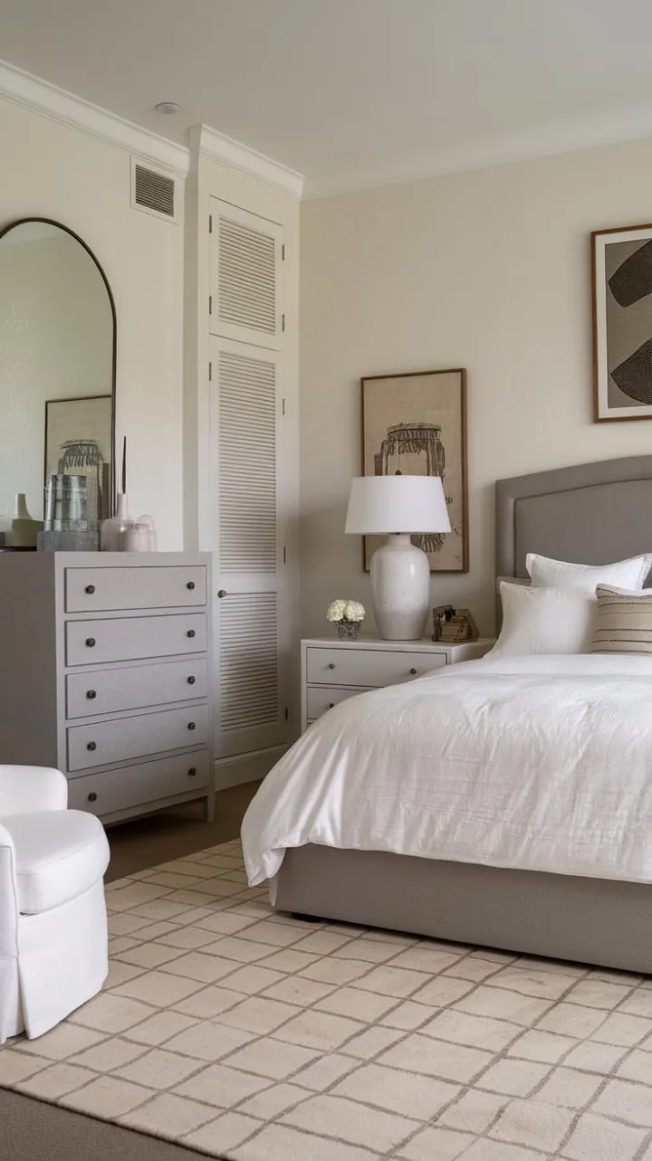 This transitional bedroom masterfully blends sophisticated gray and white tones with warm beige accents, crafting an inviting and tranquil retreat.