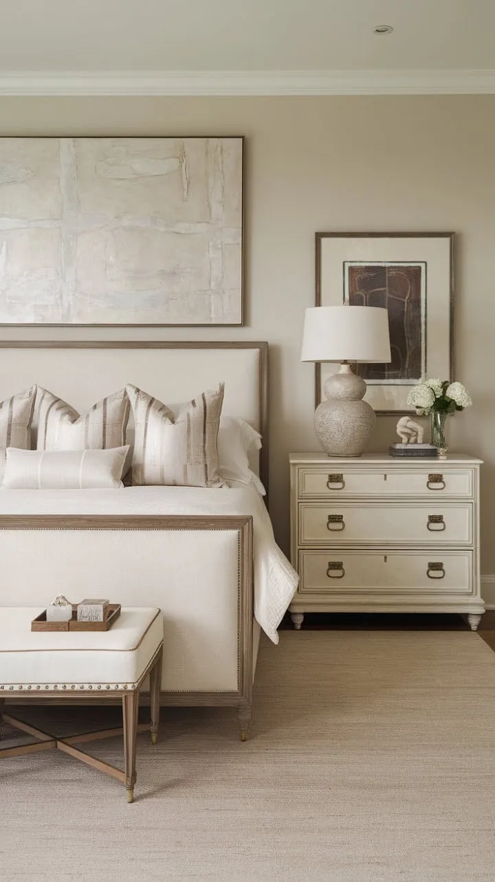 This transitional bedroom harmoniously blends modern and classic design, featuring neutral tones, clean lines, and warm accents for a serene sanctuary.