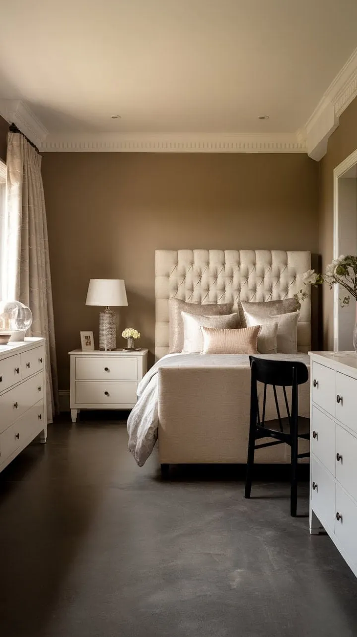 This transitional bedroom harmoniously combines comfort and elegance with its soothing beige, gray, and white palette, plush tufted headboard, and grounding dark gray floor.