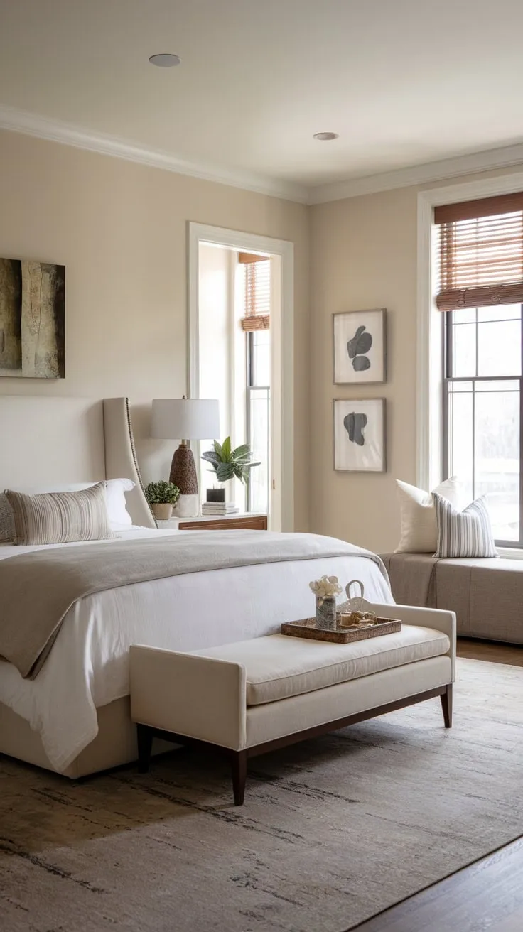 Subtle elegance defines this transitional bedroom, its neutral palette and thoughtful details creating a calming retreat.