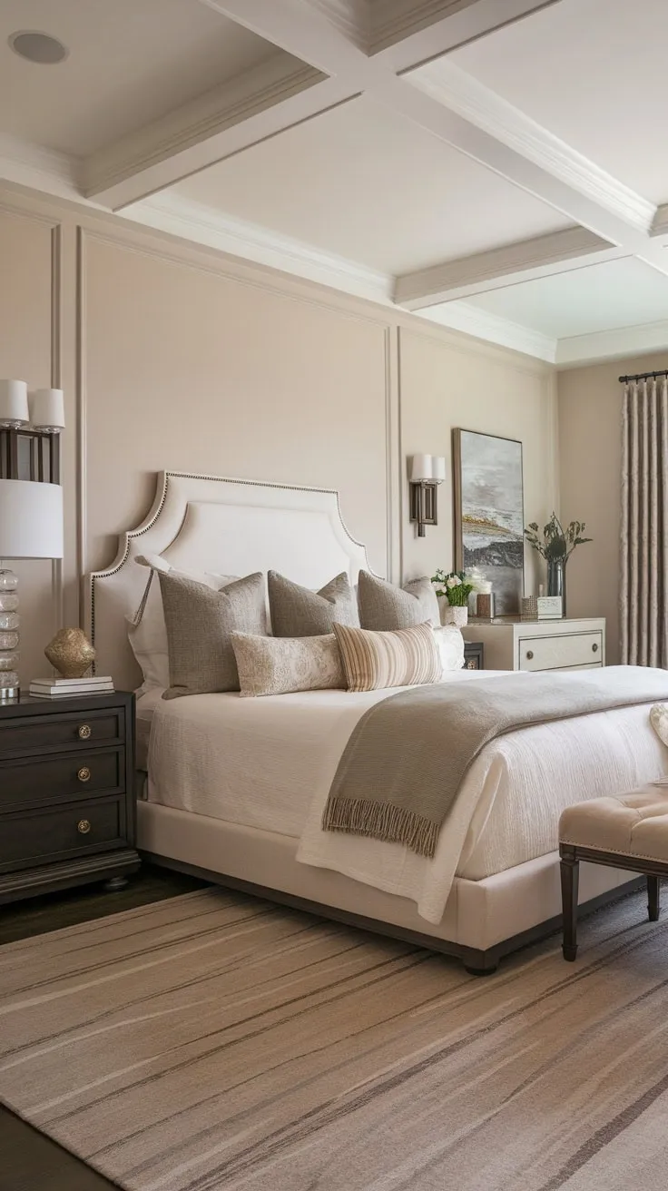 A serene neutral-toned bedroom blends classic and modern elements for a sophisticated transitional style