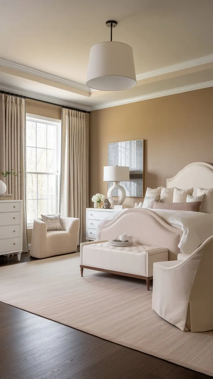Subtle beige accents and a neutral color palette create a serene transitional bedroom with dark wood floors and elegant white furniture.