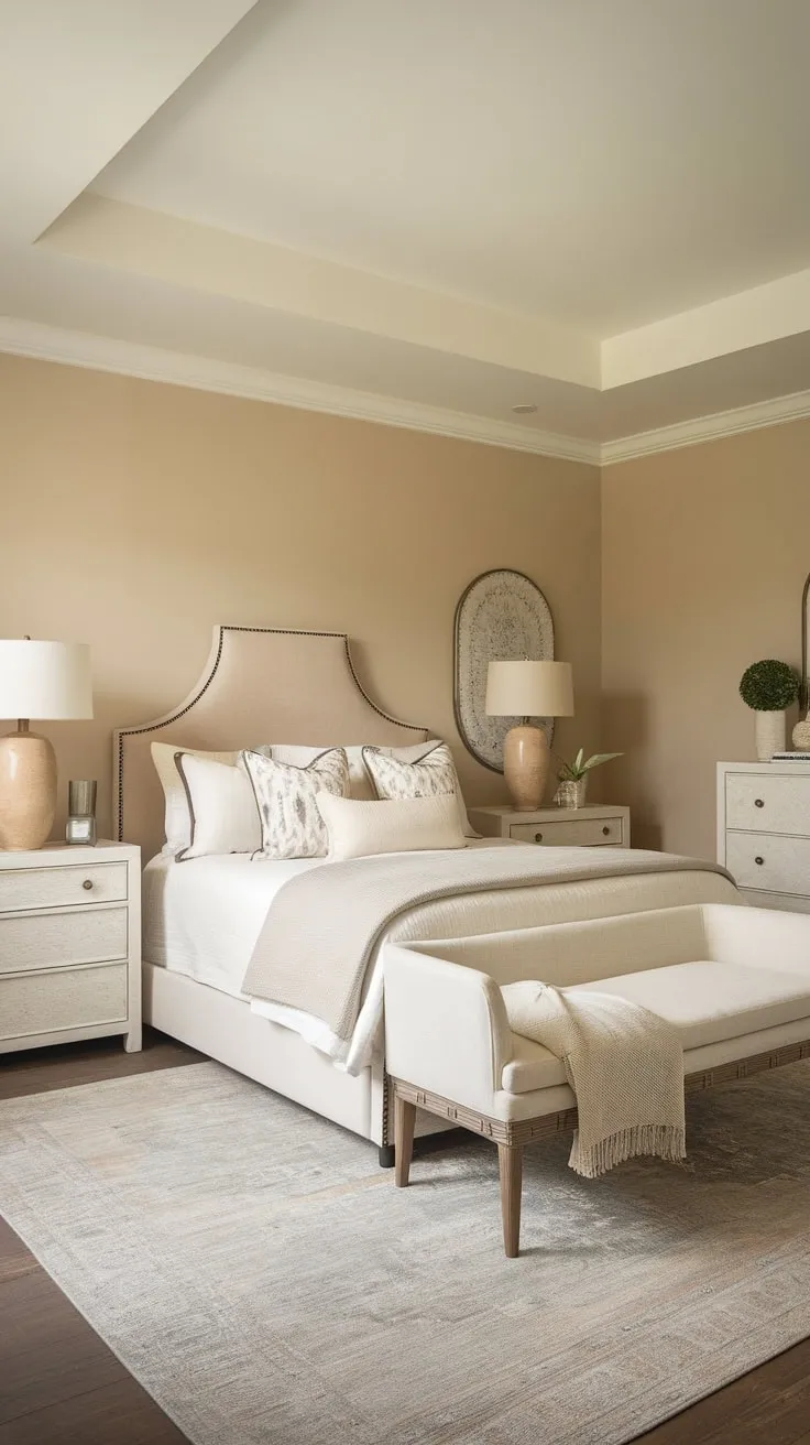 A serene beige and white transitional bedroom offers a calming retreat with subtle decorative touches.