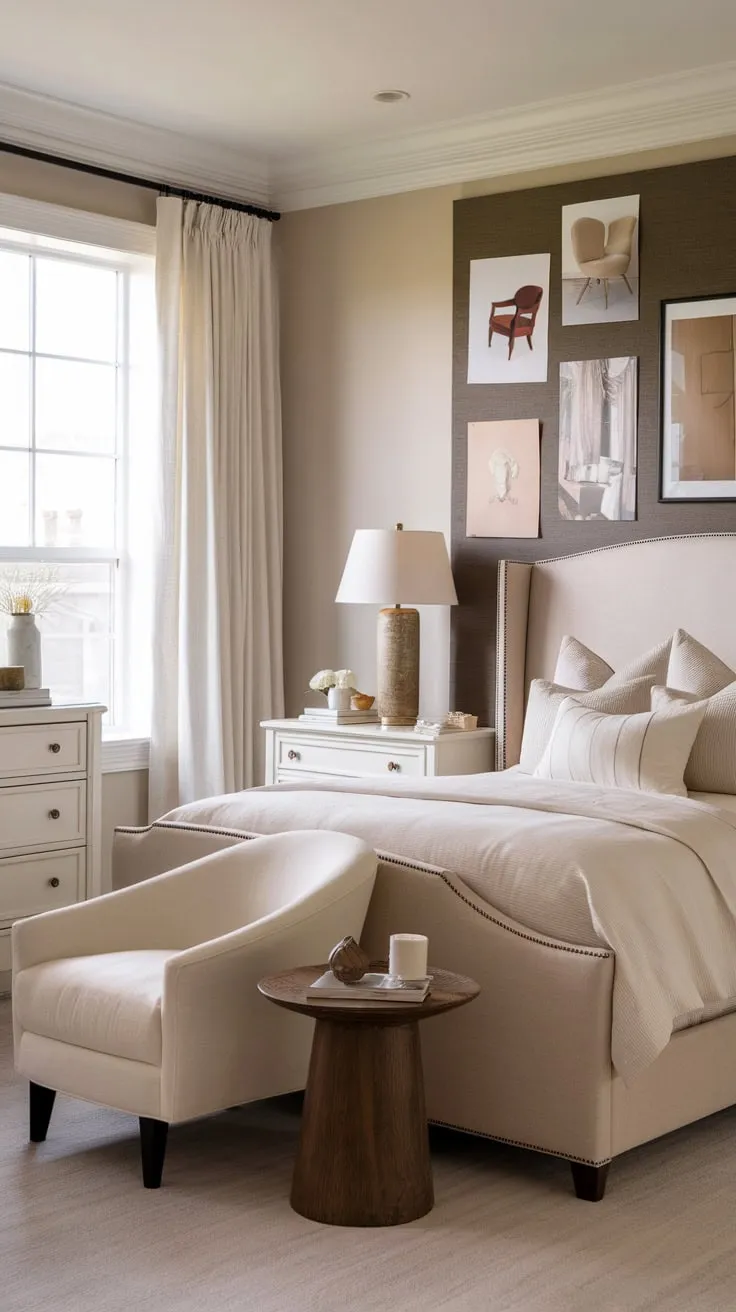A serene transitional bedroom blends modern and classic elements in a neutral palette, creating a timeless and inviting space.