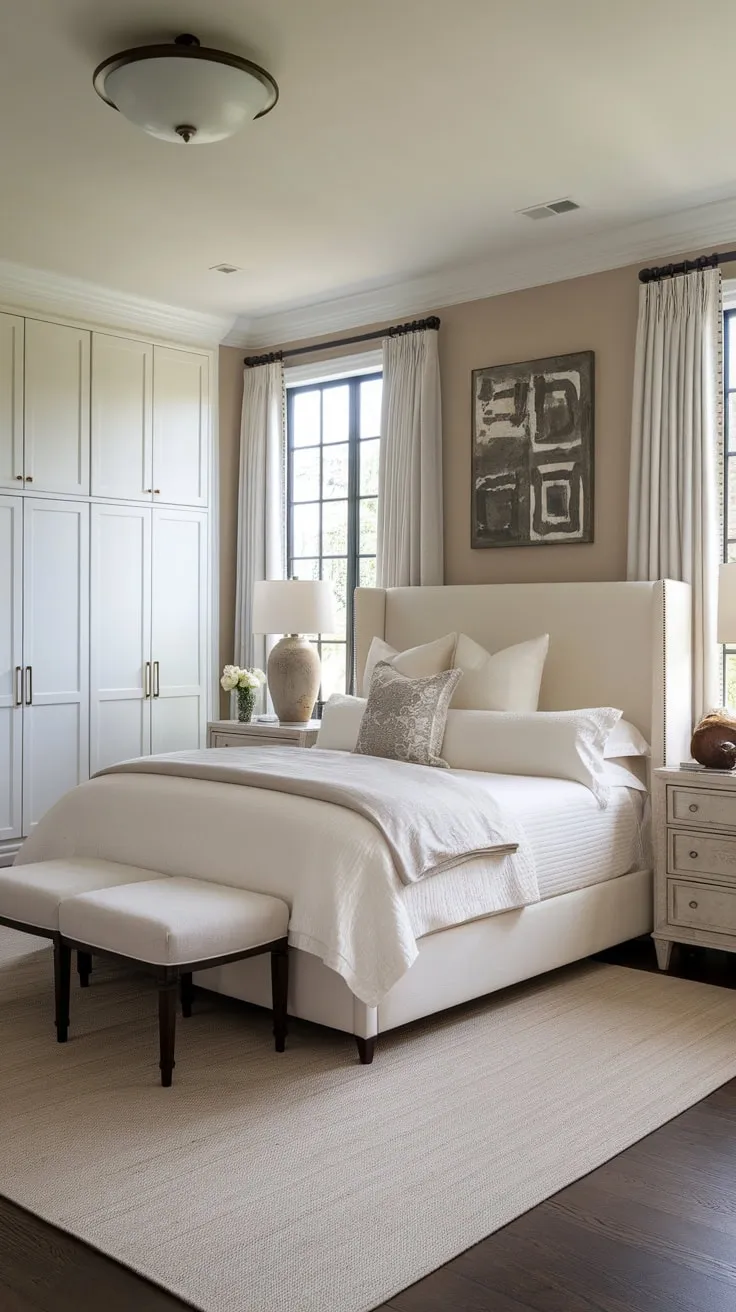 Subtle elegance defines this transitional master bedroom, its neutral palette and classic furnishings creating a calming sanctuary.