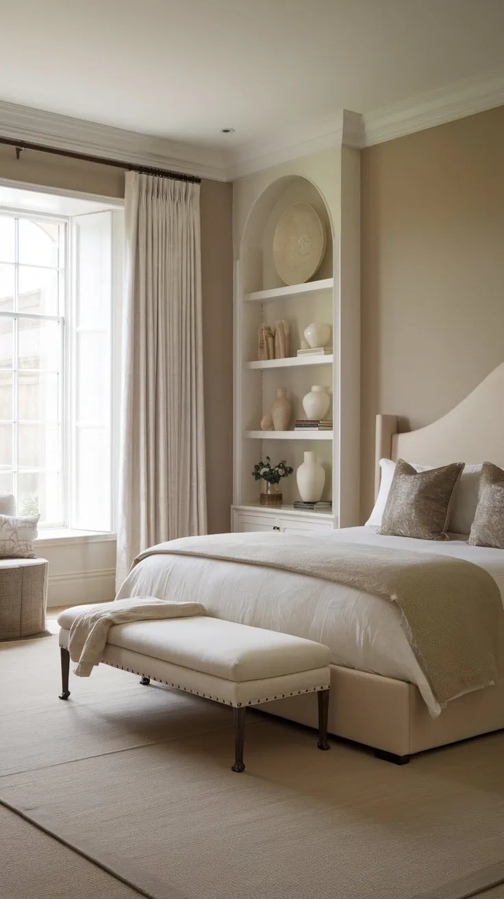 Neutral tones and classic design elements create a sophisticated yet calming transitional bedroom sanctuary.