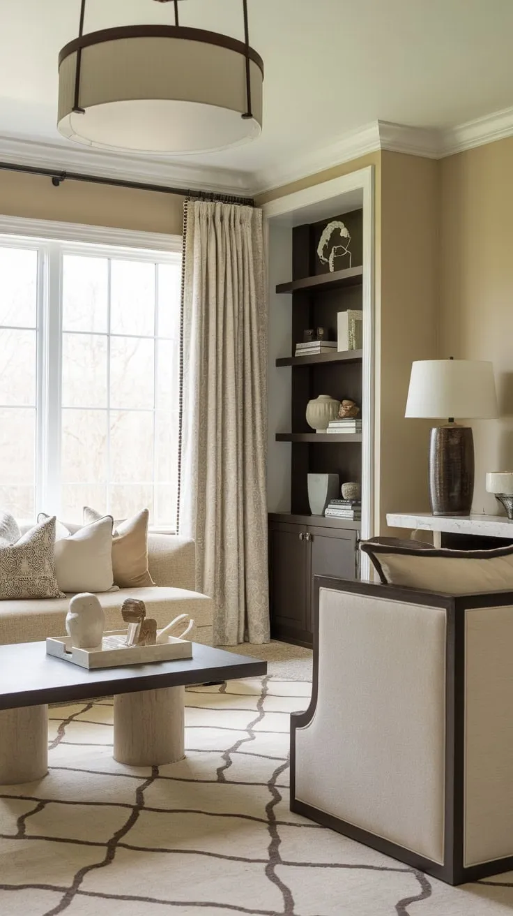 Subtle contrasts in a transitional bedroom create a sophisticated and restful space with a timeless appeal.