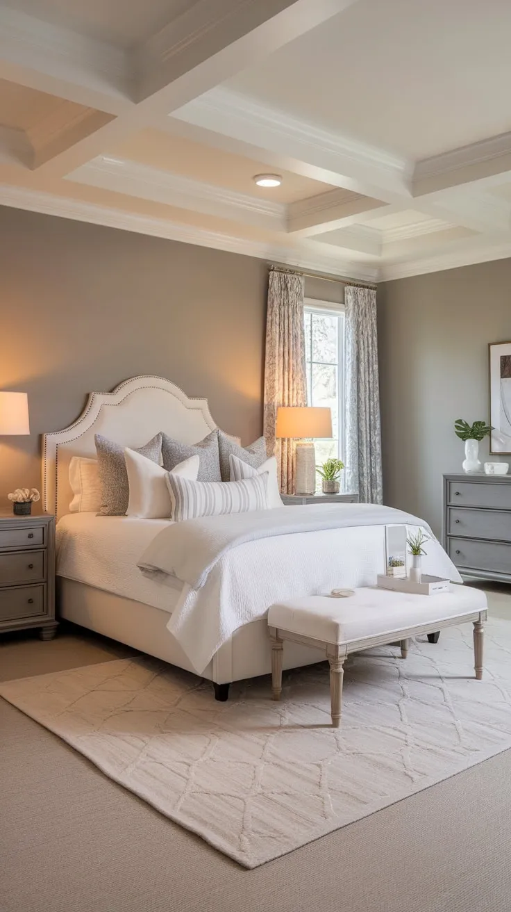 Neutral tones and classic furniture create a peaceful and inviting transitional-style primary bedroom.