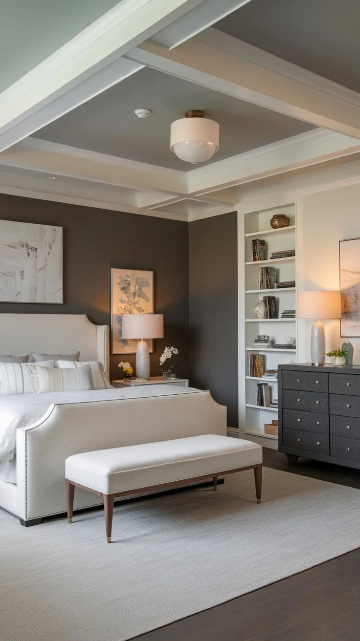 A calming transitional bedroom blends light gray walls and a dark gray floor with white furniture and warm lighting for a sophisticated yet restful space