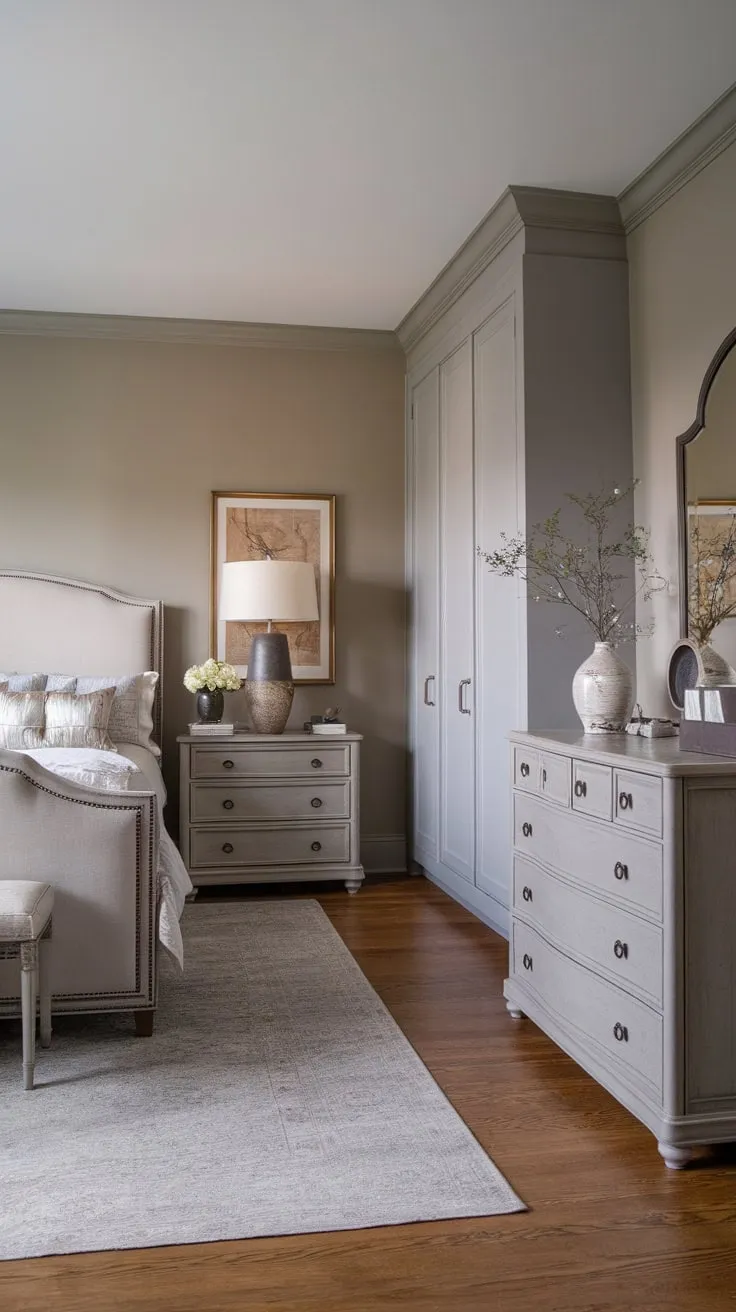 A serene gray-walled bedroom boasts timeless transitional style with hardwood floors, a king-size bed, and sophisticated accents.