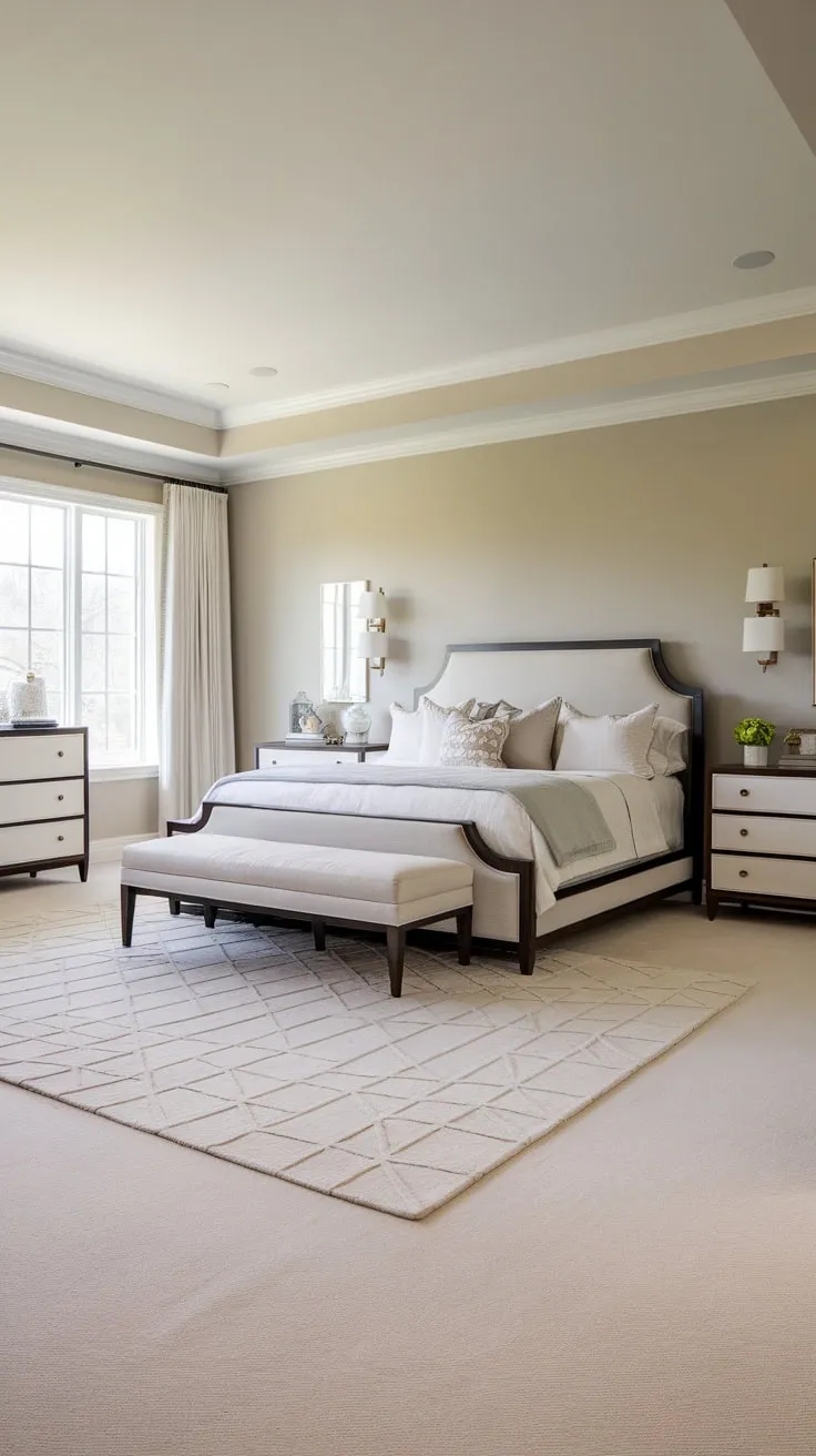 Sophisticated gray walls and a dark wood king bed create a calming transitional master bedroom retreat