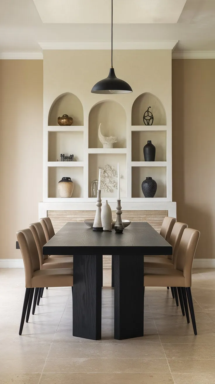 Neutral tones and clean lines create a serene dining experience in this transitional space. The black accents, from the pendant light to the table, add a touch of modern elegance, while the beige palette maintains a sense of warmth and calm. A truly inviting area for family and friends.