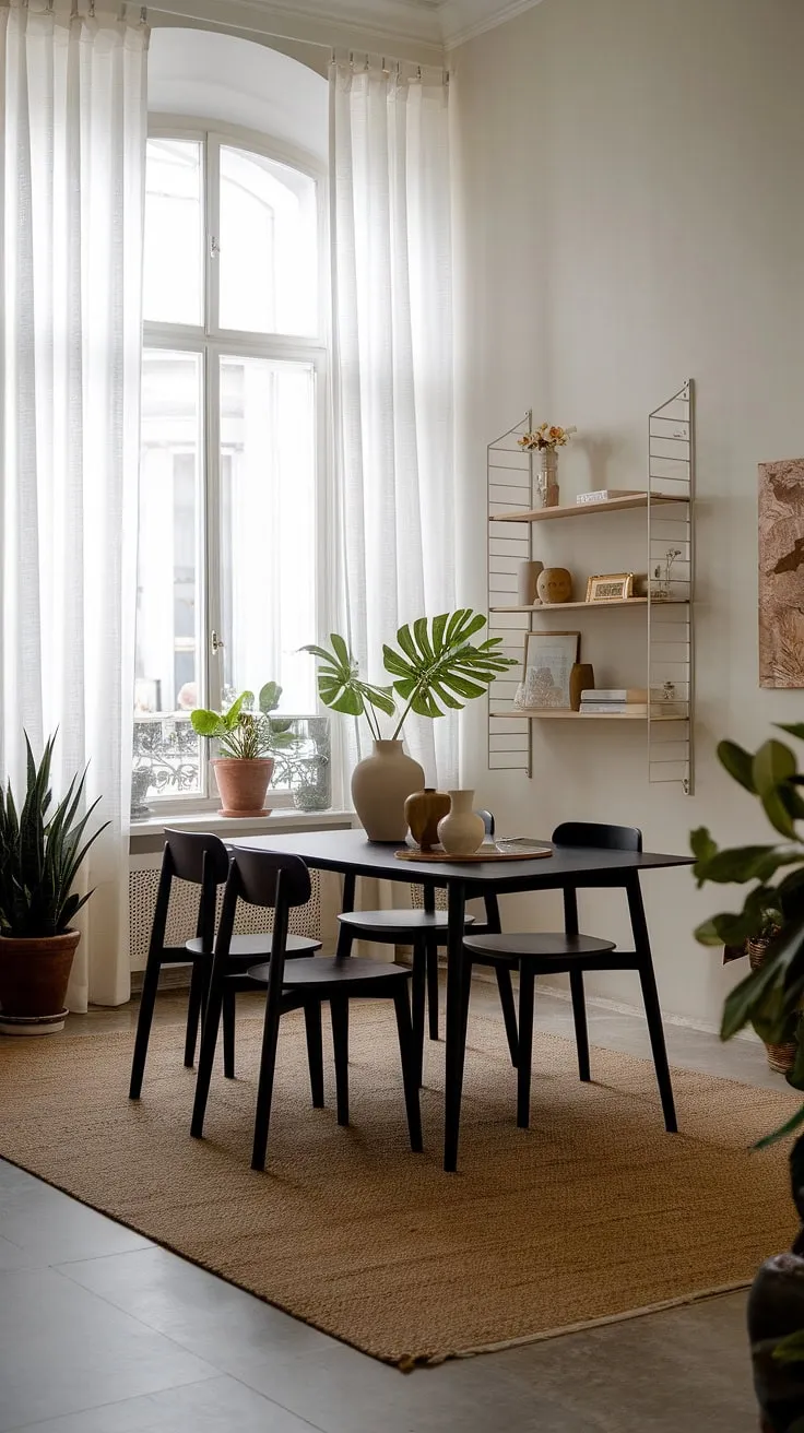 This chic dining room seamlessly blends modern and traditional elements. The minimalist black table is a striking centerpiece, complemented by the soft textures of the rug and curtains. The carefully chosen artwork and greenery inject warmth and character, resulting in a space that is both inviting and effortlessly stylish.