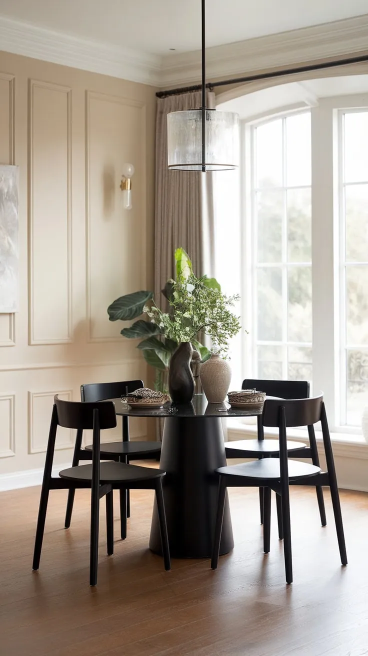 Sunlight streams through the large window, illuminating the sleek black dining table and its four elegant chairs, creating a sophisticated yet inviting atmosphere in this transitional dining room. The warm beige walls and wooden floors complement the modern design, while the carefully chosen plant and vase add a touch of nature and personality. A perfect blend of style and comfort.