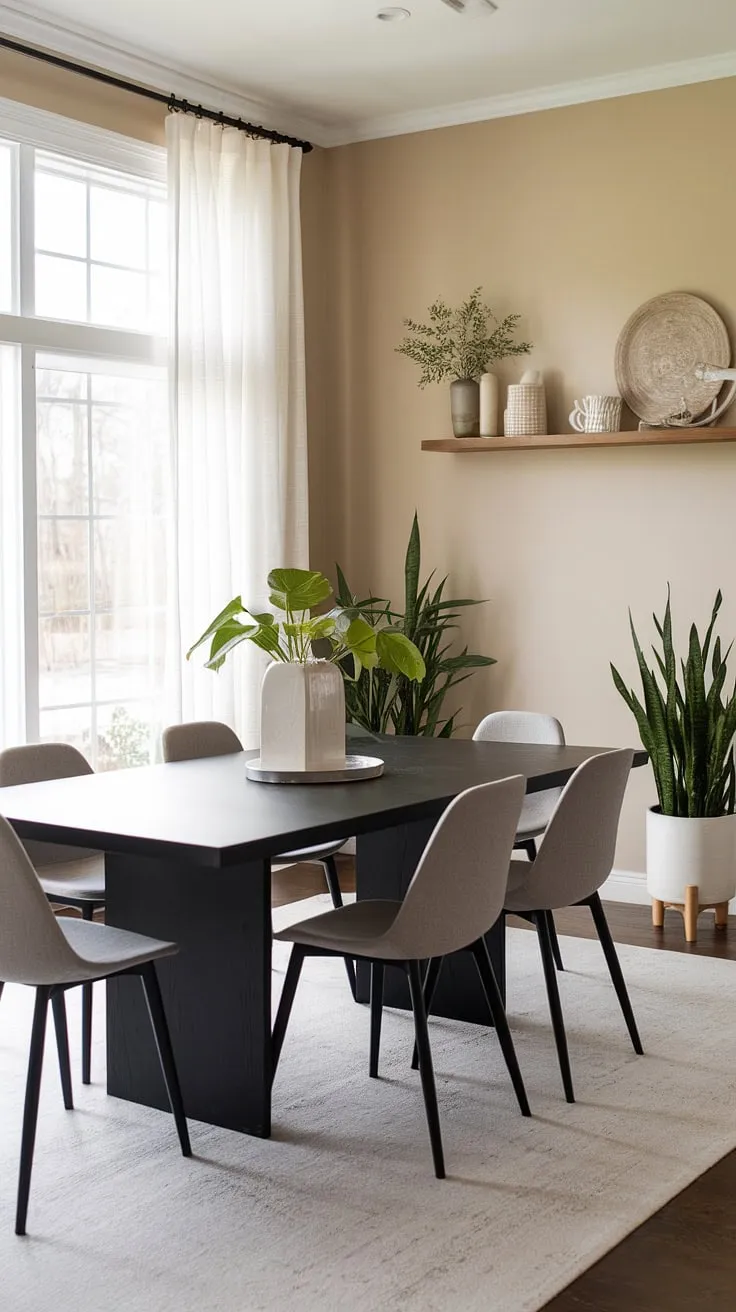 This transitional dining room effortlessly blends contemporary elegance with a touch of warmth. The black dining table, paired with sleek chairs, creates a sophisticated focal point against the calming backdrop of the beige walls and flowing white curtains. A haven for both style and comfort.