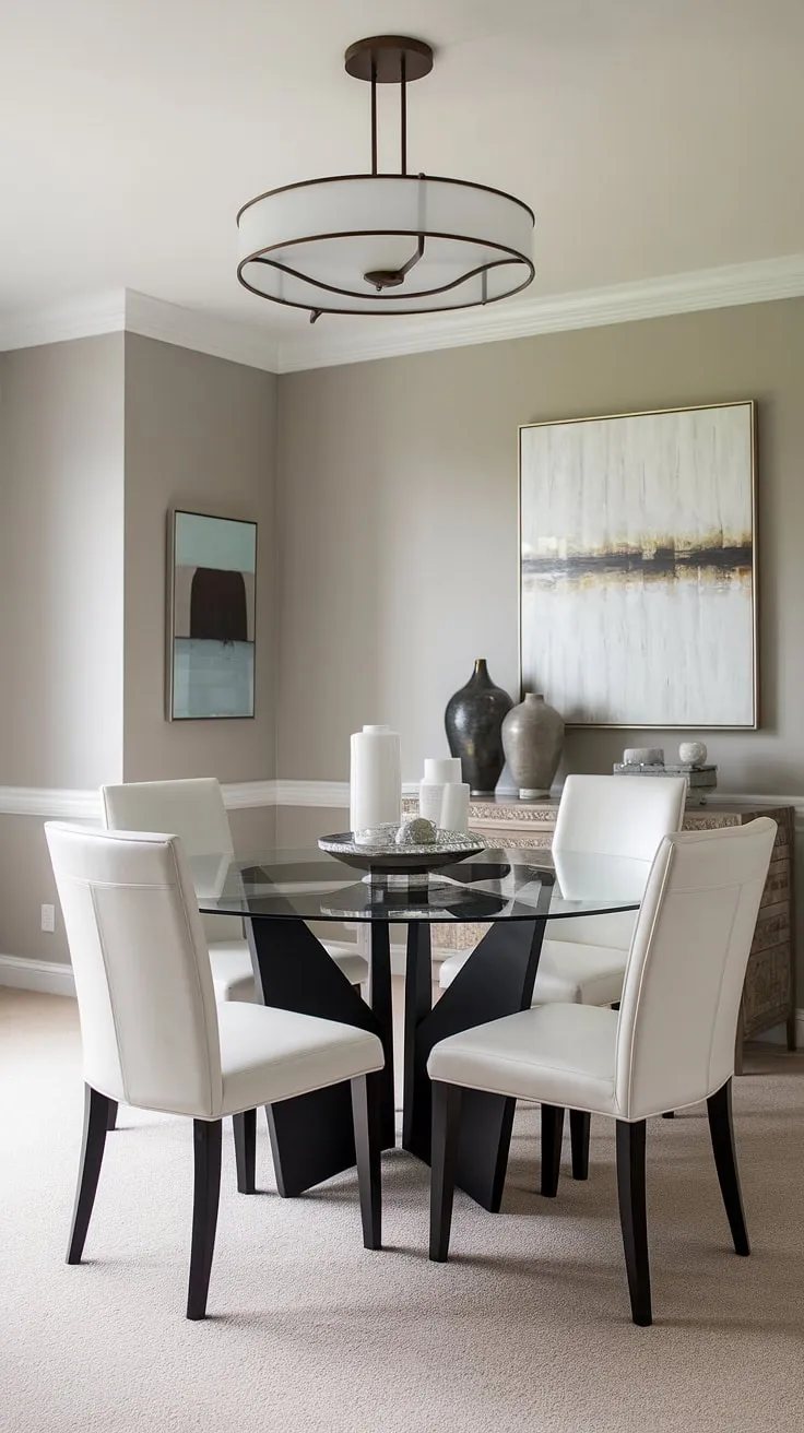 This transitional dining room effortlessly blends contemporary style with a touch of understated elegance. The black glass table is a stunning centerpiece, complemented by the light gray walls and plush beige carpet. A perfect setting for memorable meals and gatherings.