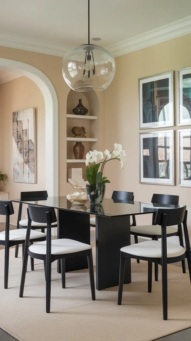 Where modern elegance meets comfortable sophistication. The sleek black dining table, accented by the soft beige walls and plush white cushions, creates a transitional space that's both stylish and inviting. A perfect blend of textures and tones defines this dining area.