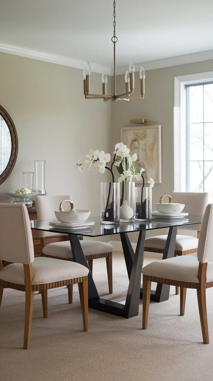 This dining room effortlessly blends modern and traditional elements. The striking black dining table with its glass top and metal base is anchored by comfortable beige chairs, all set against a calming backdrop of grey walls and a plush beige carpet. A stunning chandelier completes the elegant design.