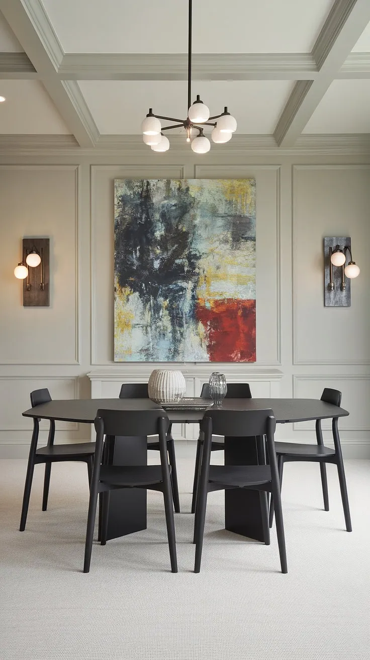 A sophisticated sanctuary for shared meals and lively conversations. This transitional dining room showcases the beauty of balanced design, uniting a contemporary black dining table with a calming gray backdrop and a captivating abstract painting. The soft carpet and elegant lighting create an atmosphere of understated luxury.