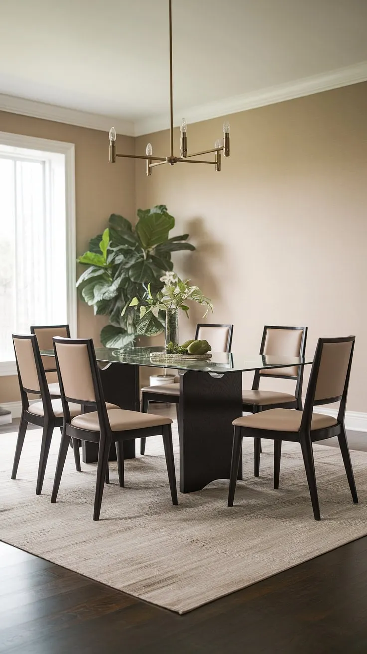 Sophisticated simplicity defines this transitional dining space. The sleek black glass table and beige leather chairs create a calming contrast against the dark wood floor and warm beige walls, all perfectly illuminated by the elegant chandelier. A touch of nature is added with the potted plant, completing the effortlessly stylish ambiance.