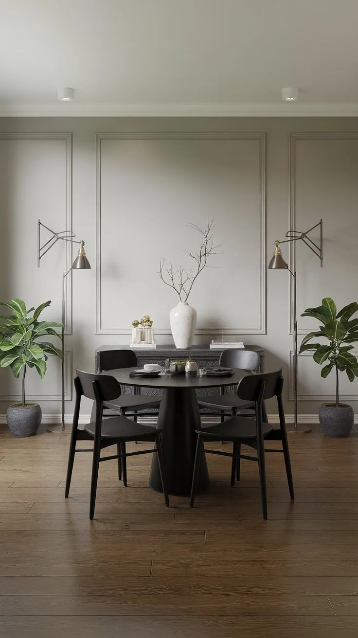 A modern dining room reimagined. The dark, dramatic table anchors the space, while the light grey walls and carefully chosen accessories-plants, a simple vase, and elegant floor lamps-create a balanced and inviting ambiance. This transitional design effortlessly blends contemporary chic with a touch of understated elegance.