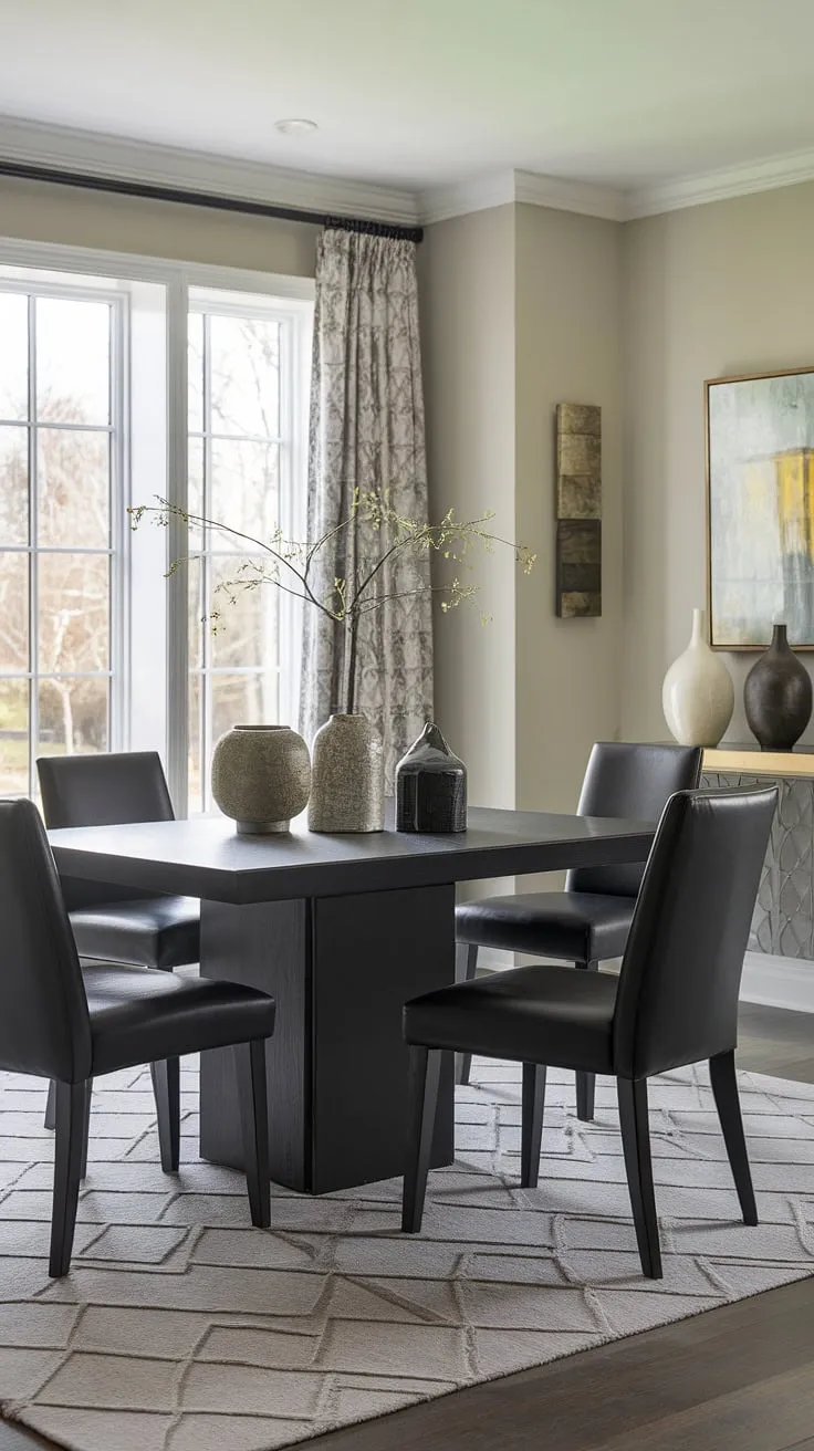This transitional dining room seamlessly blends modern and classic elements. The dark, sleek dining set anchors the space, while the light grey walls and patterned rug add warmth and texture. The strategic placement near the window maximizes natural light, creating a bright and inviting atmosphere. A few carefully curated pieces complete the look.