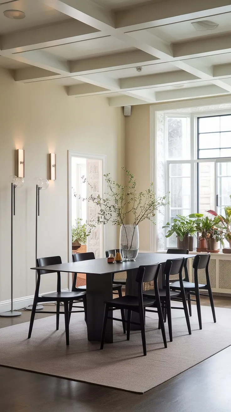 Sophisticated simplicity defines this transitional dining room. The dark grey table anchors the space, its sleek lines complemented by the light walls and architectural details of the exposed beams. A touch of nature softens the modern aesthetic with potted plants near the windows, creating a calming and inviting atmosphere.