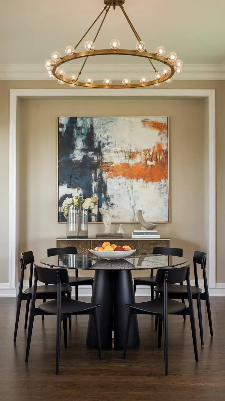 A stunning centerpiece, the black marble dining table commands attention in this chic transitional space. The warm beige walls and dark wood floors provide a rich backdrop for the brass chandelier and bold artwork, creating a dining area that's both stylish and comfortable. A testament to refined taste.