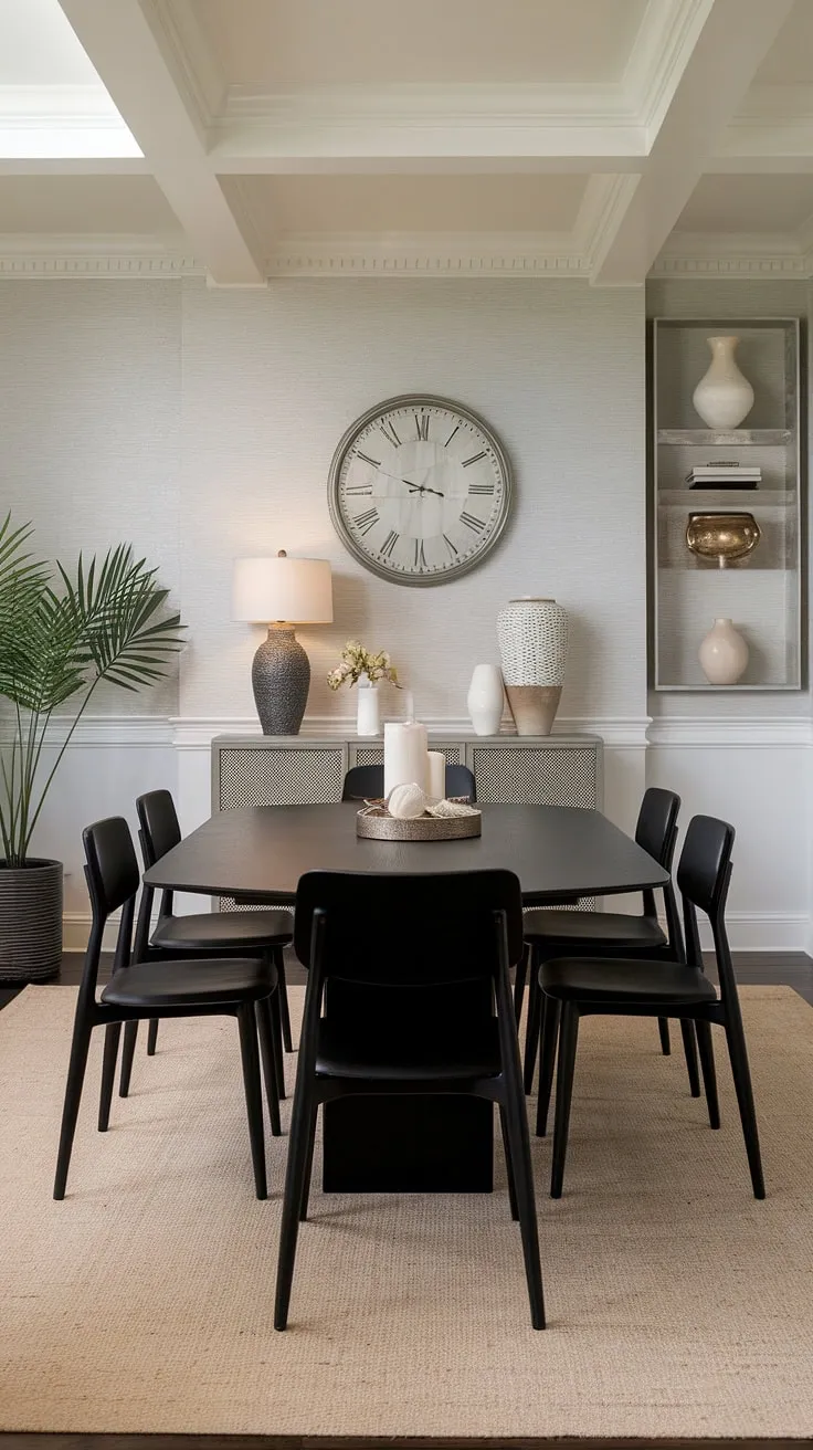 This dining room seamlessly blends modern and traditional elements. The striking black dining set is balanced by the calming grey walls and subtle decorative accents, creating a sophisticated and inviting space for gatherings. The overall design is both stylish and functional.