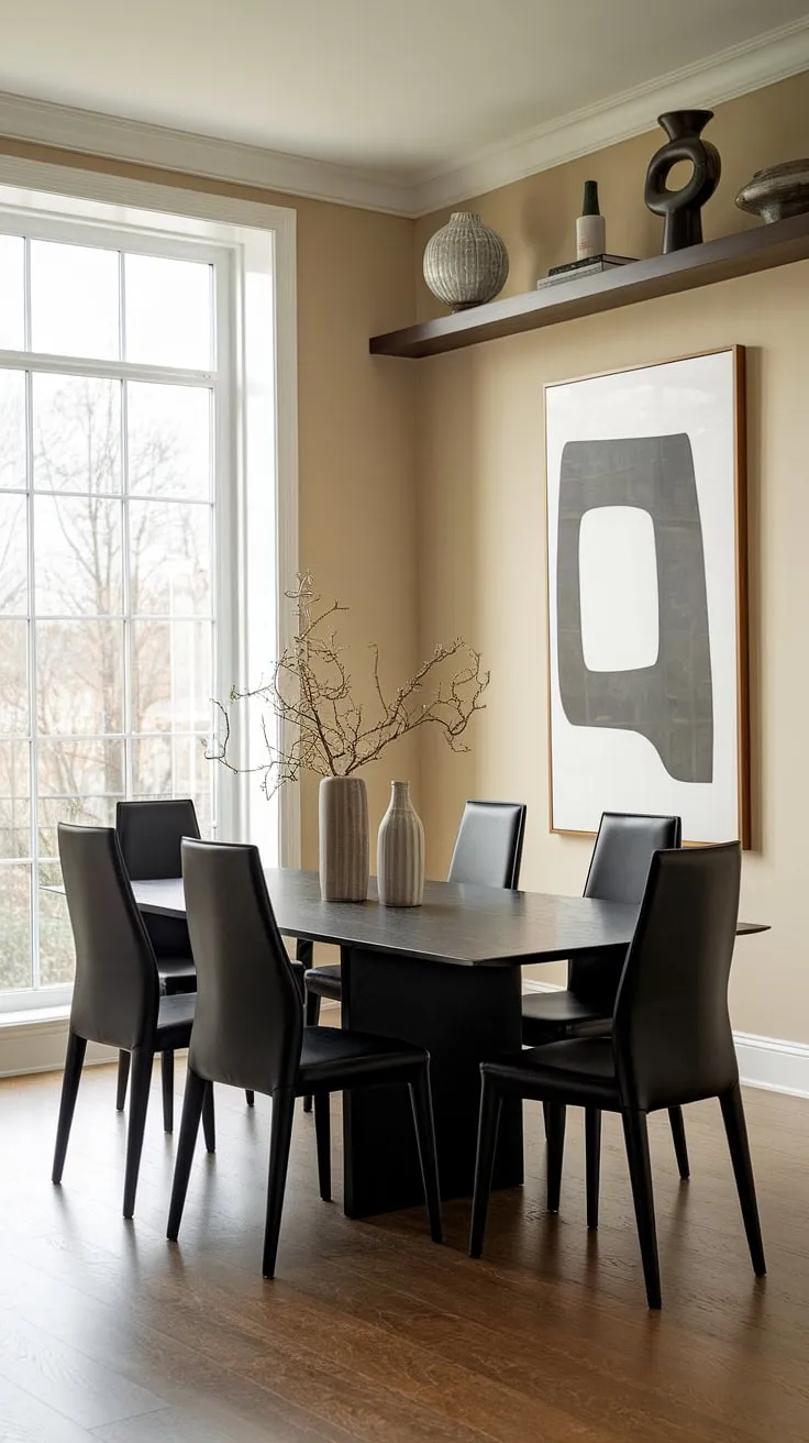 This transitional dining room seamlessly blends modern and classic elements. The dramatic black dining table, bathed in natural light, anchors the space, while the beige walls and wooden floors create a warm and welcoming ambiance. The abstract artwork and simple shelving add personality and visual interest, creating a space that is both stylish and functional.