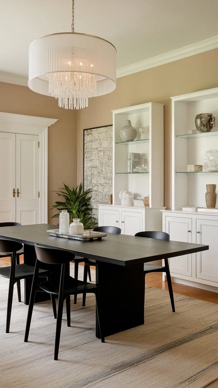 This dining room seamlessly blends modern and traditional elements. The black table and minimalist chairs are balanced by the elegant chandelier and warm, neutral palette. The carefully curated details, from the white cabinetry to the potted plant, contribute to the overall sense of refined style.