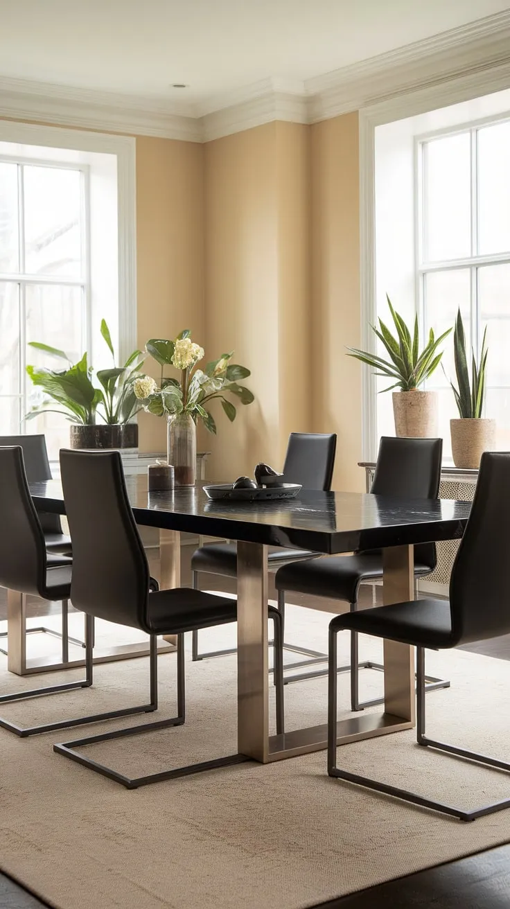 Where modern meets minimalist. This dining space, anchored by a sleek black table and sophisticated chairs, effortlessly blends style and functionality. The warm beige tones and lush greenery create a welcoming atmosphere, perfect for intimate gatherings and everyday meals. A testament to understated elegance.