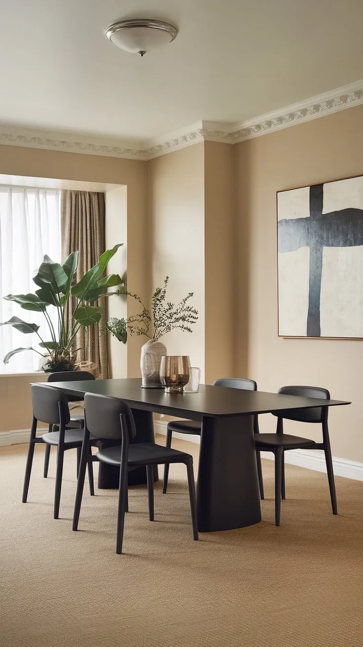 A study in understated elegance. This transitional dining room seamlessly blends modern lines with a warm, inviting palette. The black dining table anchors the space, while the large potted plant adds a touch of nature, creating a truly harmonious and stylish a setting.
