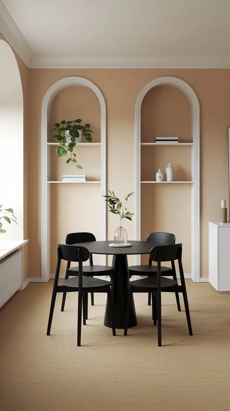 This chic dining room effortlessly blends modern and traditional elements. The black dining table, positioned to maximize natural light, anchors the space. Subtle details, like the beige carpet and minimalist white shelves with a touch of greenery, add warmth and personality. A perfect example of understated luxury.
