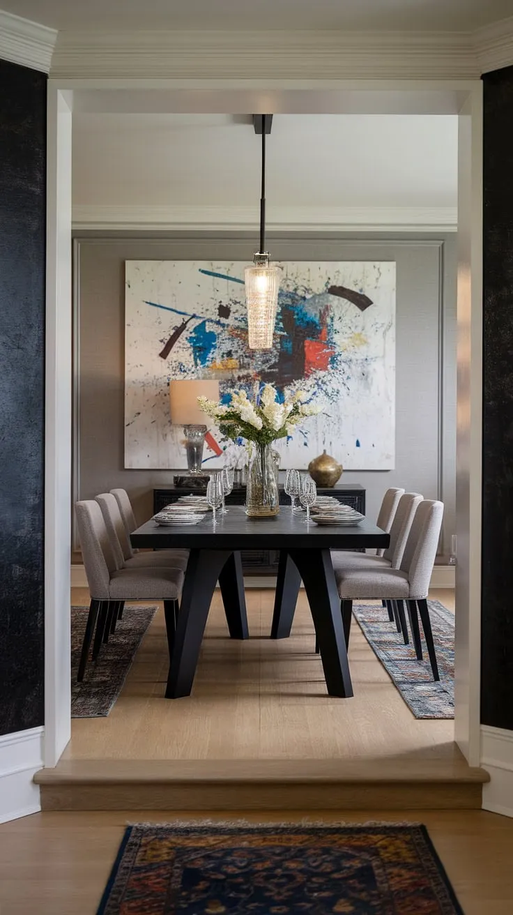 This transitional dining room effortlessly blends contemporary style with timeless elegance. The dark dining table and light grey chairs create a striking contrast, while the abstract artwork adds a pop of personality. A space designed for both style and comfort.