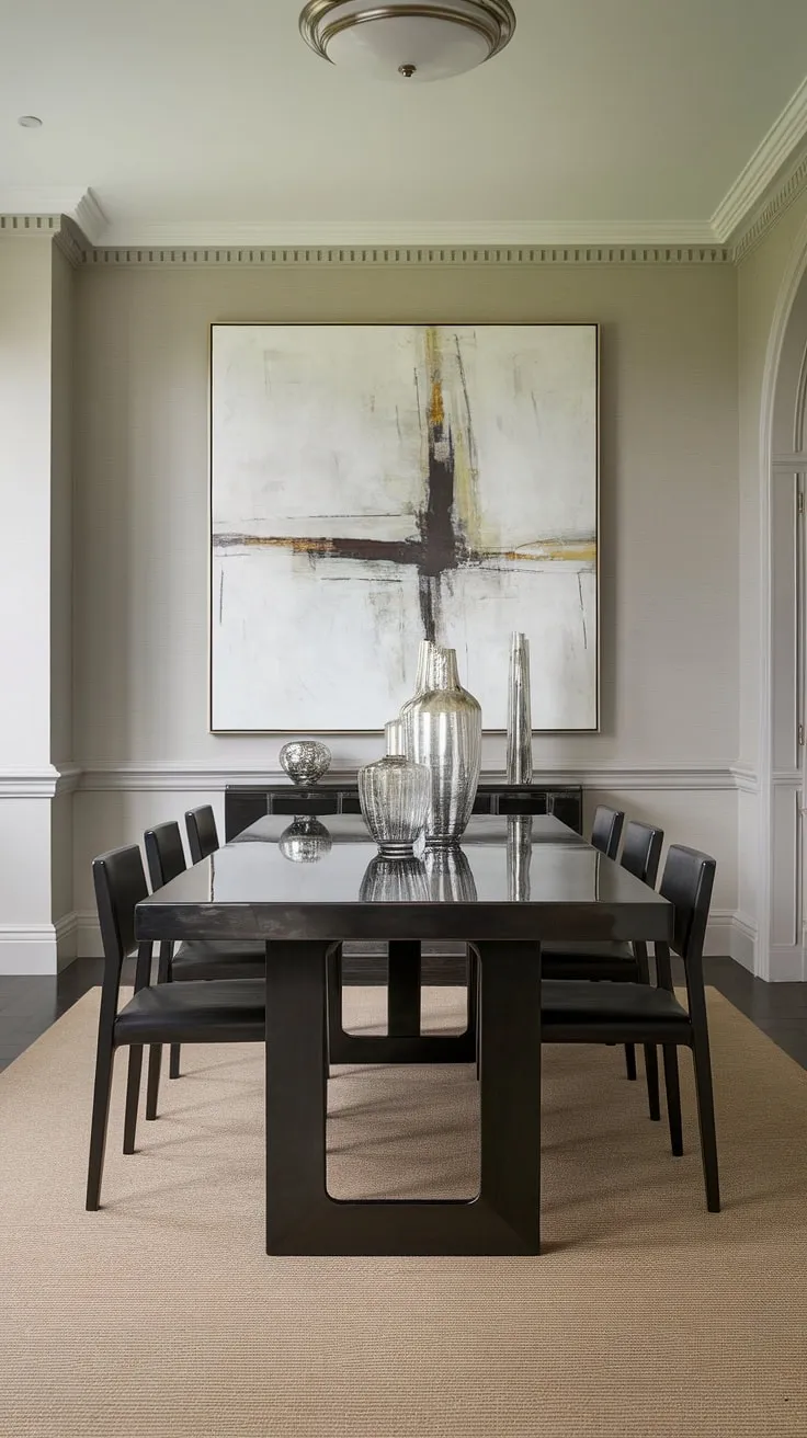 A dramatic black dining table anchors this transitional dining space. The light grey walls and beige rug provide a neutral backdrop, allowing the artwork and the table's polished finish to take center stage. A truly elegant and functional dining area.