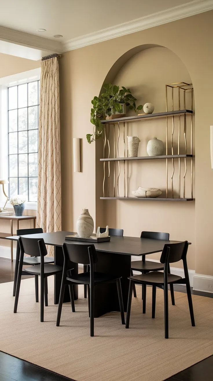 Sophisticated simplicity defines this transitional dining room. The sleek black table anchors the space, complemented by the warm beige walls and the curated display on the wall-mounted shelf, adding a touch of personality with its greenery and decorative accents. A perfect blend of modern and classic design.