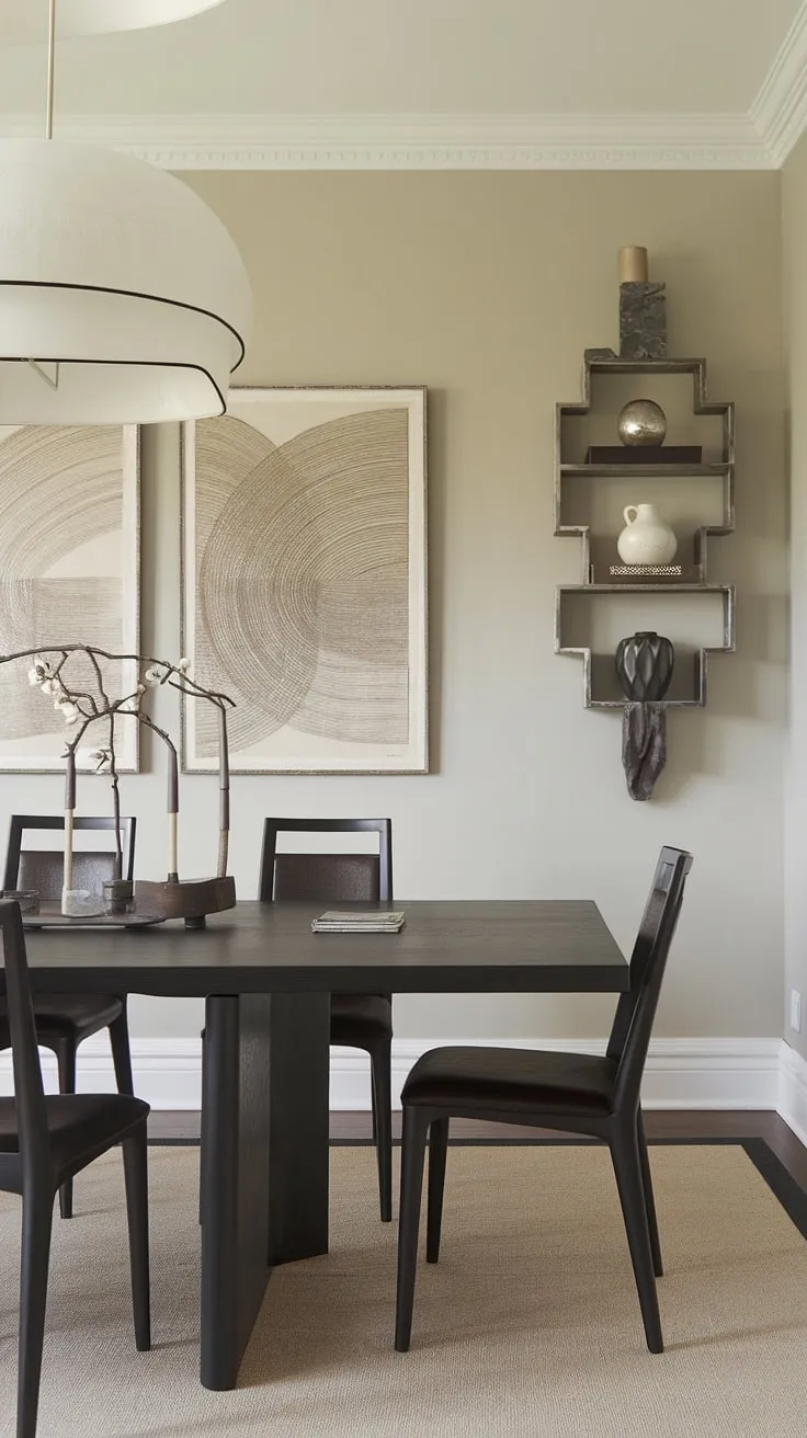 Sophisticated simplicity defines this transitional dining room. The sleek black dining table, anchored by a plush beige rug, creates a dramatic yet inviting focal point, perfectly complemented by the soft grey walls and a statement pendant light. A curated collection of art and decorative accents adds personality and warmth.