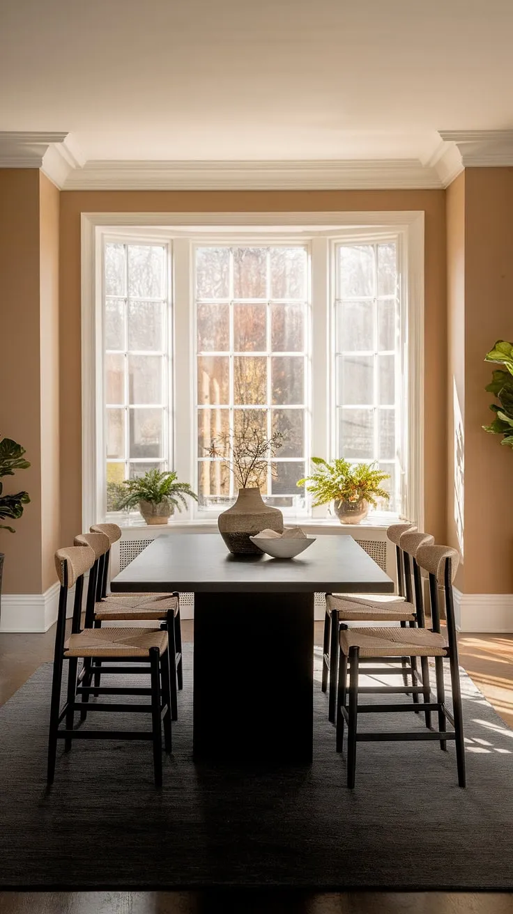 Sunlight streams through the large window, illuminating the sleek black dining table and its warm beige chairs, creating a tranquil and inviting atmosphere in this modern transitional dining space. The dark grey rug anchors the area, while the potted plants add a touch of life. A perfect blend of style and comfort.