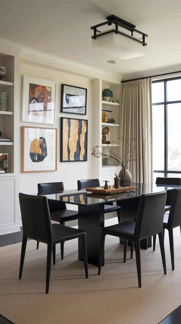 A sanctuary of style and substance. This transitional dining room, anchored by a stunning black glass table and complemented by built-in shelving and a calming beige rug, is a testament to the power of thoughtful design. A space where memories are made and elegance reigns supreme.