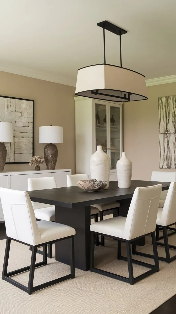 This dining room seamlessly blends modern and traditional elements. The sleek black table and white chairs offer a striking contrast against the warm beige walls and rug, creating a balanced and sophisticated space. The carefully chosen accessories add personality without overwhelming the room's calming aesthetic.