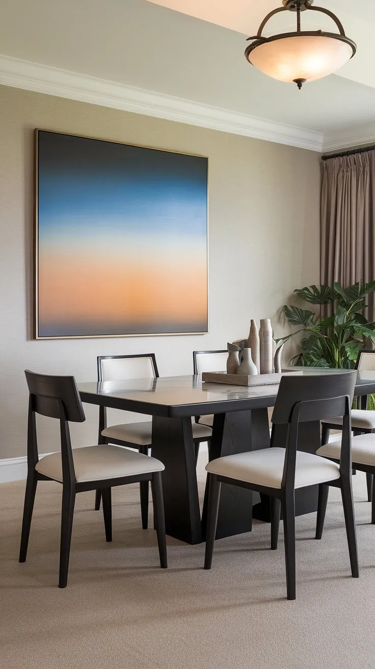 A sophisticated sanctuary for dining and conversation, this room showcases the beauty of transitional design. The dark wood and marble table, paired with the abstract artwork, creates a visually stunning focal point. A space designed for both style and comfort, perfect for hosting or enjoying quiet evenings.
