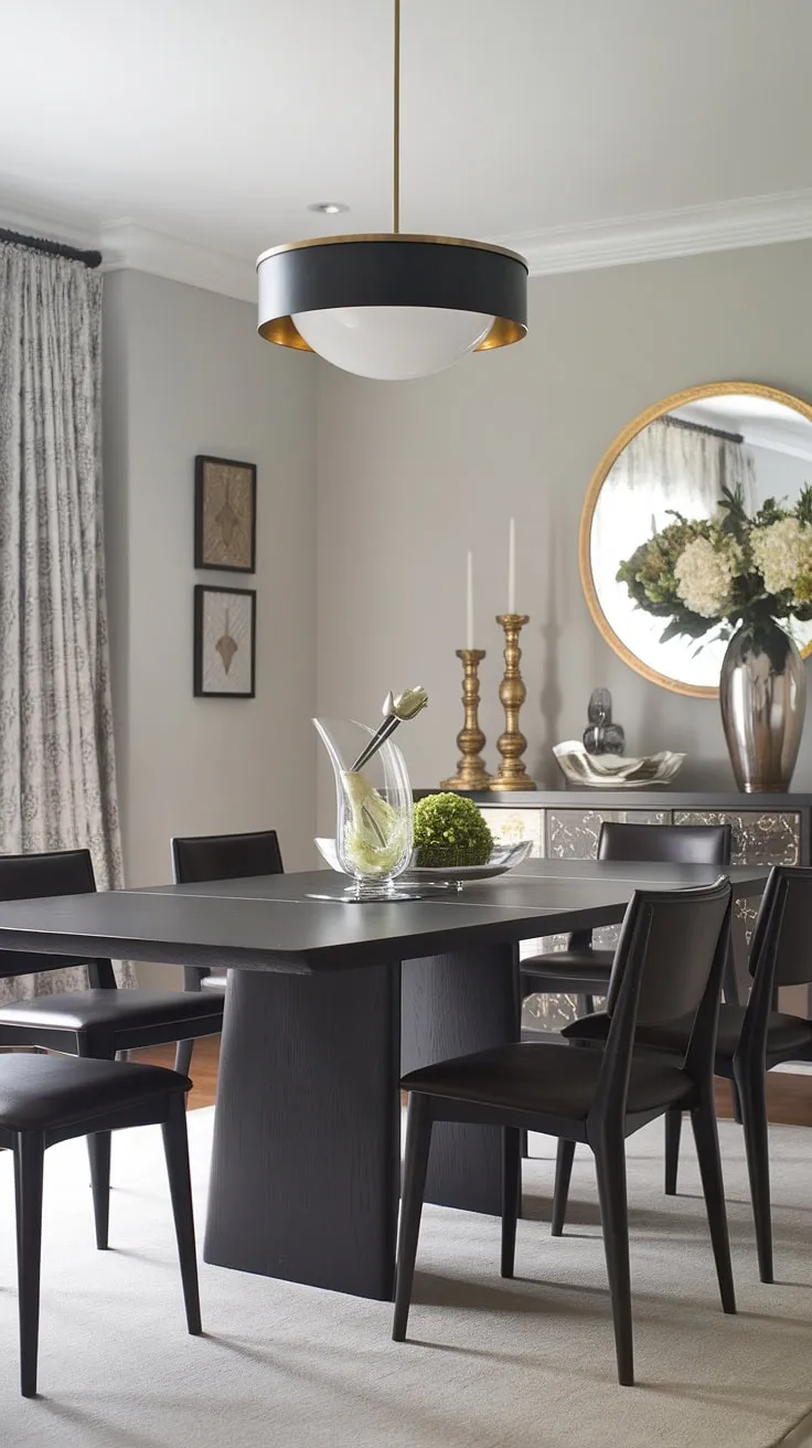 Sophisticated dining redefined. This transitional space seamlessly blends modern lines with warm, inviting elements, creating a chic and functional area perfect for gatherings. The dark wood table, accented by the black and gold lighting fixture, is a stunning centerpiece. A touch of gold and subtle textures add depth and personality.