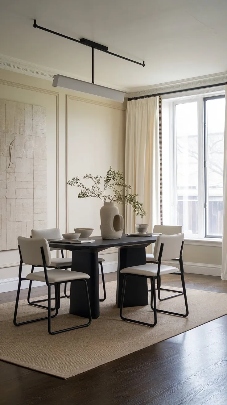 Sophisticated simplicity defines this transitional dining space. The sleek black table, minimalist lighting, and striking artwork create a dramatic yet calming ambiance, perfectly complemented by the soft beige rug and airy white curtains. A perfect blend of modern and classic design elements.