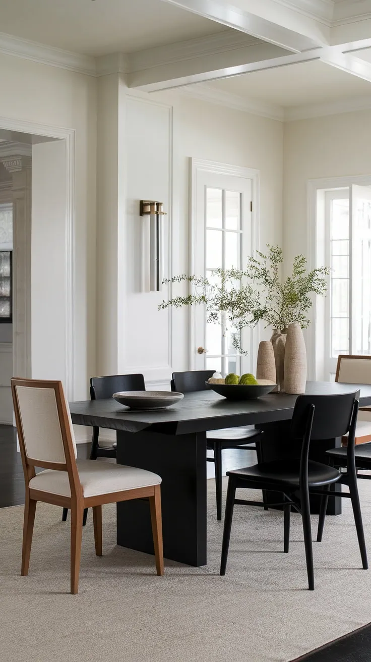 Where modern meets timeless. This transitional dining room, anchored by a sleek black table and complemented by a mix of textures and tones, creates a sophisticated and inviting space for gatherings. The natural light streaming in perfectly highlights the elegant details, from the beige rug to the carefully chosen greenery. A perfect blend of style and comfort.