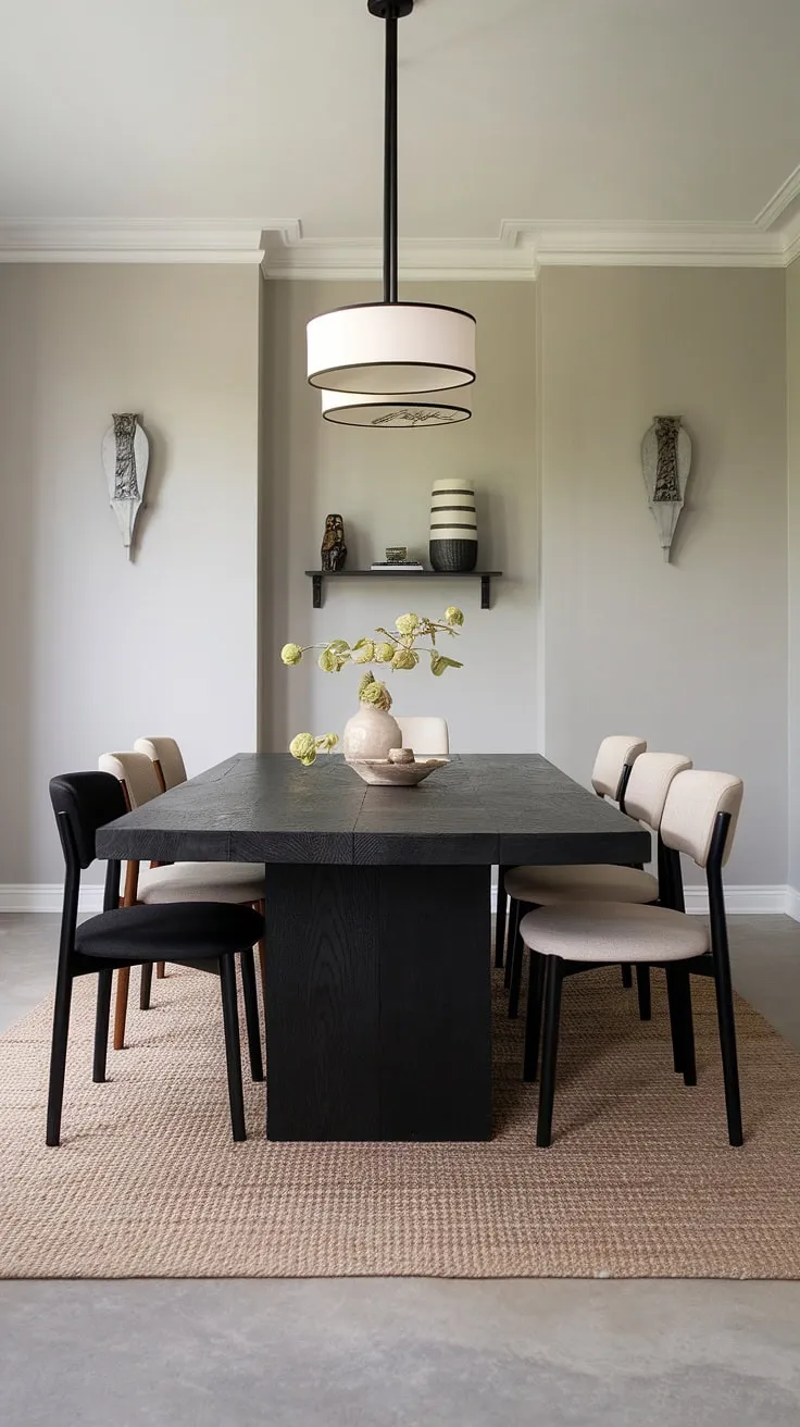 A sophisticated blend of modern and traditional, this dining room showcases a striking black wood table as its centerpiece. The neutral palette of beige and gray, complemented by the textured wool rug and concrete floor, creates a serene atmosphere. The unique pendant light and carefully curated wall shelf add personality and warmth to the space.