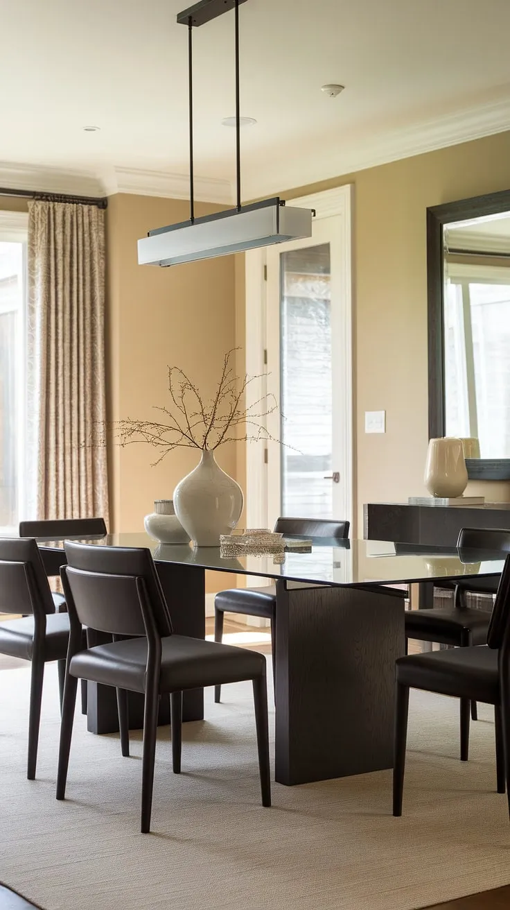 This transitional dining room effortlessly blends modern design with cozy comfort. The dark wood and glass dining table, accented by black leather chairs, is a stunning centerpiece. The soft beige walls and area rug create a welcoming atmosphere, enhanced by the strategic placement of a large mirror and a stylish pendant light, resulting in a truly captivating a space.