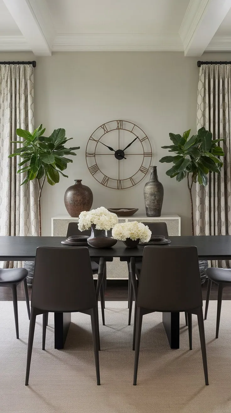 Sophisticated simplicity defines this transitional dining space. The dark table anchors the light grey walls, complemented by modern chairs and lush greenery, creating a calming yet stylish atmosphere. A statement clock and decorative vase add personality.