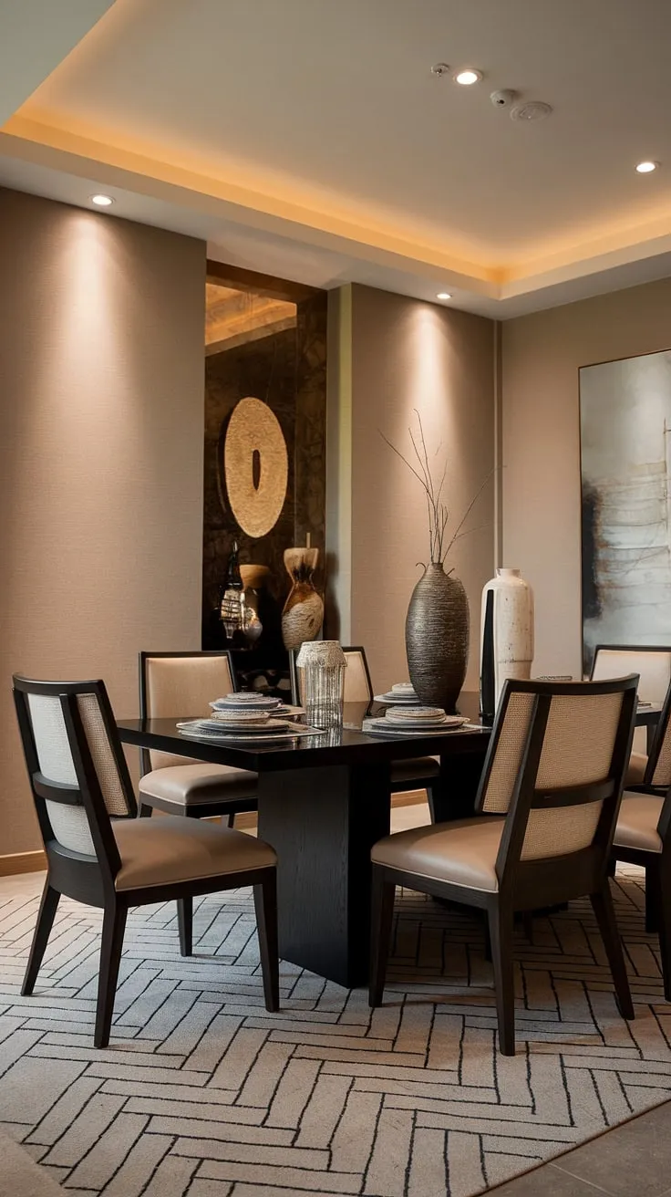 Where modern meets cozy. This transitional dining room, bathed in warm light, seamlessly blends sleek black furniture with comfortable beige accents, creating a sophisticated yet inviting space. The geometric rug and carefully chosen décor add personality and warmth.